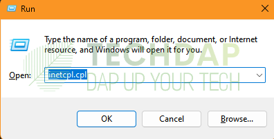 Typing in "inetcpl.cpl" in the Run Dialogue Box