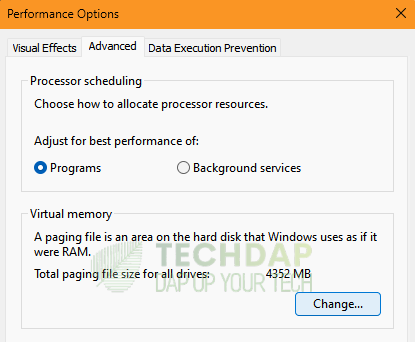 Selecting the "Change" option in Advanced Performance Options