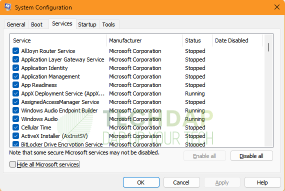 Unchecking the "Hide all Microsoft Services" option