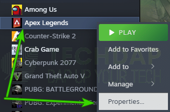 Opening Apex Legends' Properties in Steam